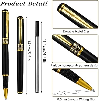 Ensemble De Stylos À Bille Roulante De Luxe, Noir De 0.5 Mm Beau Stylo À Bille En Métal Avec 2 Recharges Noires, Pour Hommes Et Femmes, Signature D'entreprise, Journal Intime, Bureau, Cadeau