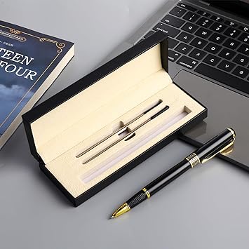 Ensemble De Stylos À Bille Roulante De Luxe, Noir De 0.5 Mm Beau Stylo À Bille En Métal Avec 2 Recharges Noires, Pour Hommes Et Femmes, Signature D'entreprise, Journal Intime, Bureau, Cadeau