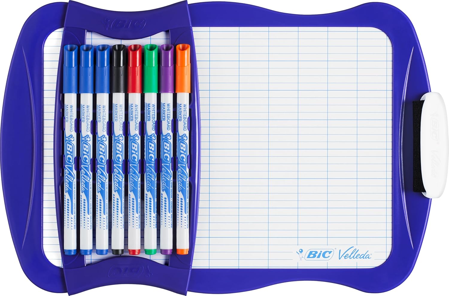 BIC Velleda Ardoise Ecolier Double Face (21 x 31 cm) Effaçable à Sec avec 8 Feutres Effaçables à Sec et Effacette - Bleue