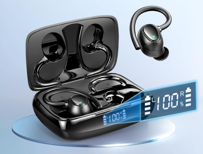 Ecouteurs Bluetooth Sans Fil, Ecouteurs Bluetooth 5.3 avec Hi-Fi Stéréo, 48H Oreillette Bluetooth avec ENC Antibruit Mics, IP7 Etanche Ecouteurs Running pour iOS/Android, Écran LED, USB-C, Noir