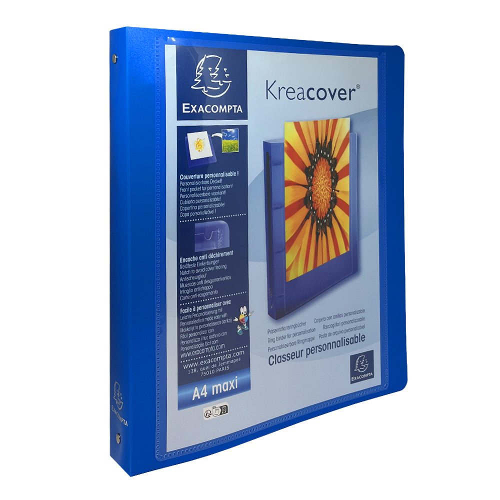 Classeur personnalisable A4+ EXACOMPTA Kreacover souple 4 anneaux dos 4cm bleu