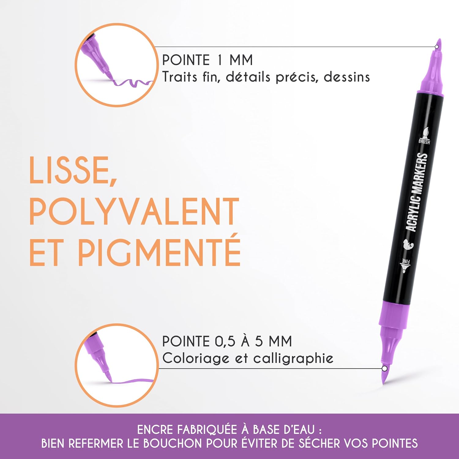 Zenacolor Feutre Acrylique à Double Pointe (Pointes Fines et Pinceau) - 24 Couleurs Uniques de Marqueur Acrylique pour Diverses Surfaces et Œuvres d'Art - Feutres Peinture Acrylique