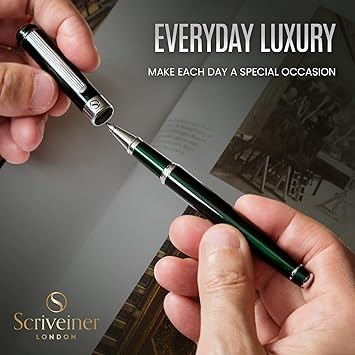 Scriveiner Roller Vert - Stylo de Luxe Vert Anglais Foncé, Finition Chromée, Recharge Encre Schmidt, Meilleure Parure Cadeau pour Homme et Femme, Professionnel, Directeur, Bureau, Beau Stylo