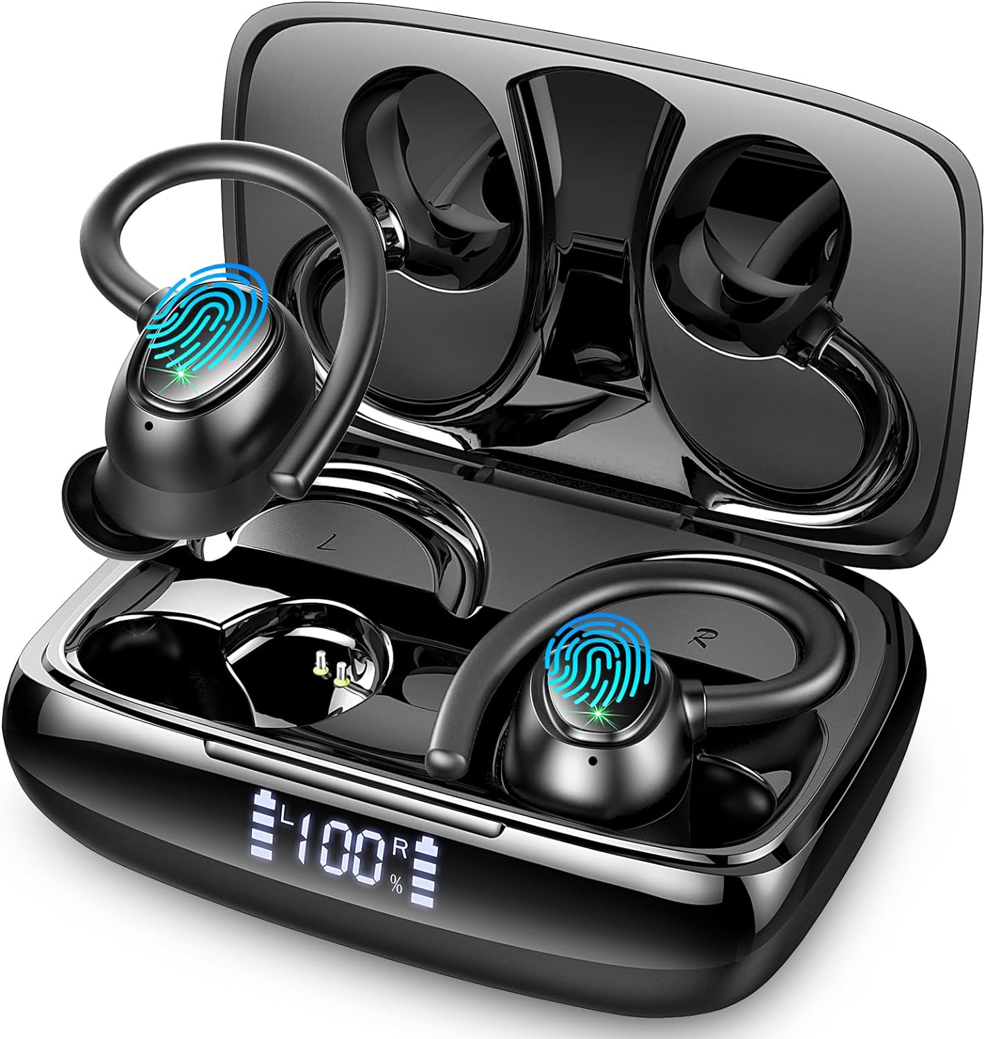 Ecouteurs Bluetooth Sans Fil, Ecouteurs Bluetooth 5.3 avec Hi-Fi Stéréo, 48H Oreillette Bluetooth avec ENC Antibruit Mics, IP7 Etanche Ecouteurs Running pour iOS/Android, Écran LED, USB-C, Noir