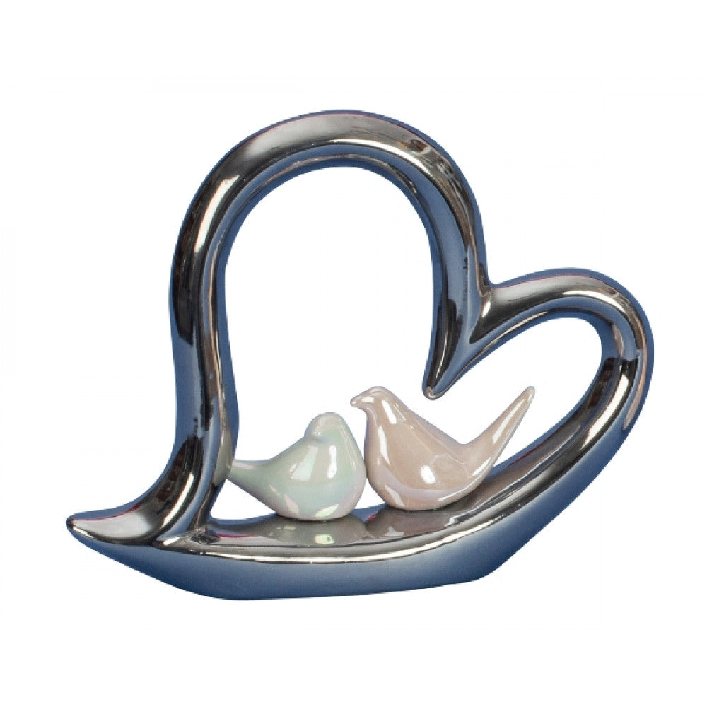 Sculpture coeur en argent avec 2 petits oiseaux blancs