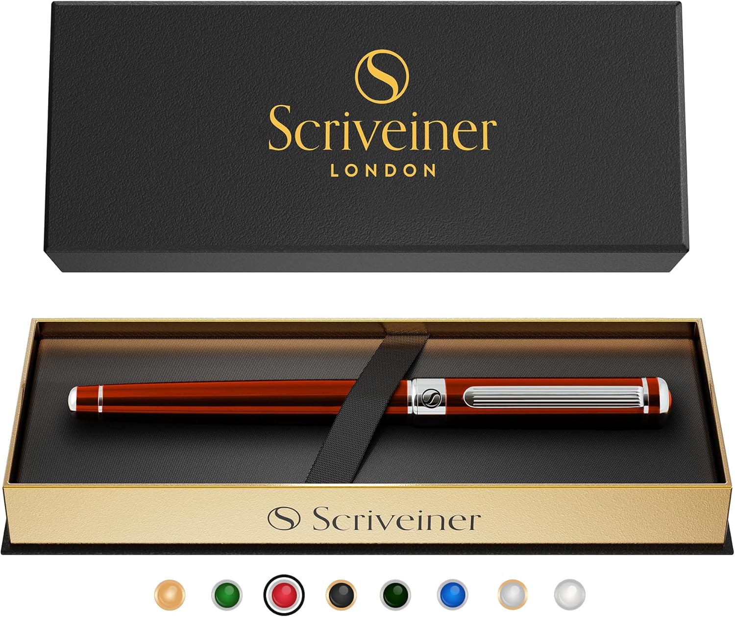 Scriveiner Deep Crimson Red Rollerball Coffret Stylo Roller Rouge Pourpre Laqué Finition Acier Chromé, Rechargeable, Beau Cadeau pour Homme & Femme avec Boîte, Accessoire de Bureau Professionnel