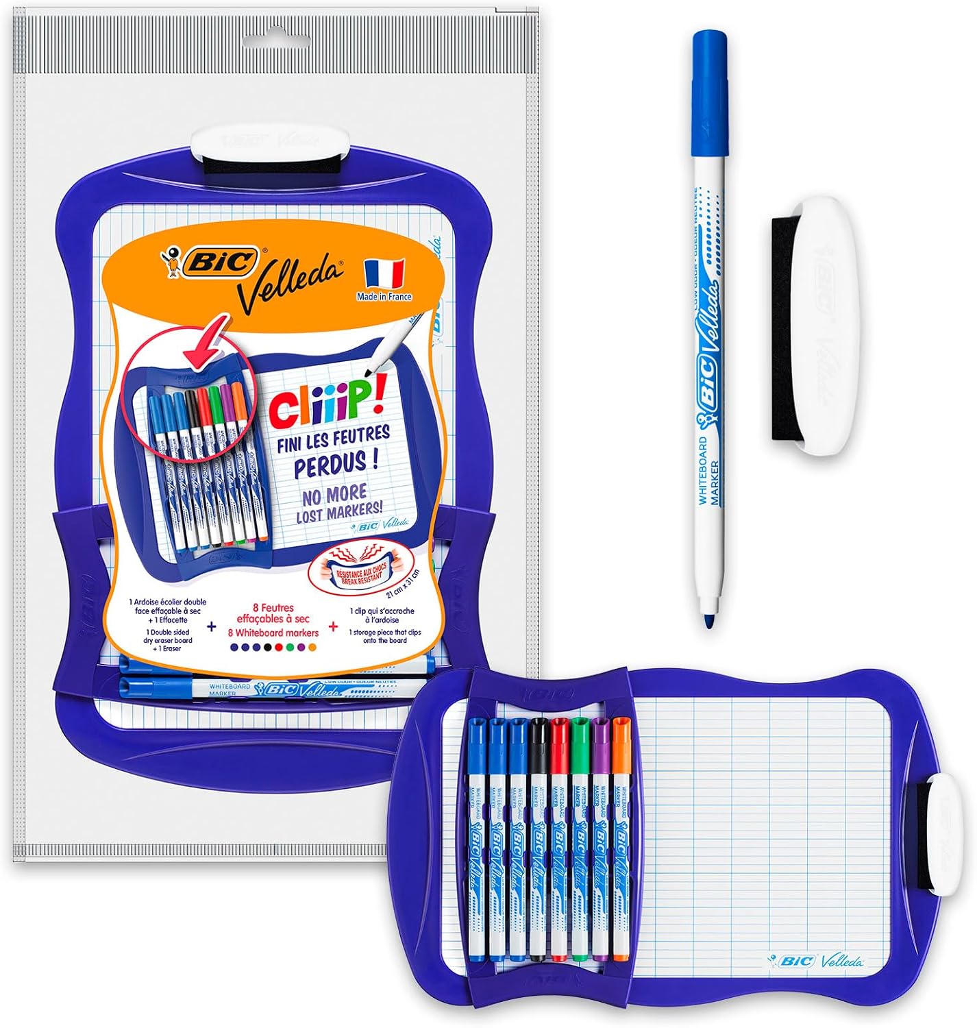 BIC Velleda Ardoise Ecolier Double Face (21 x 31 cm) Effaçable à Sec avec 8 Feutres Effaçables à Sec et Effacette - Bleue
