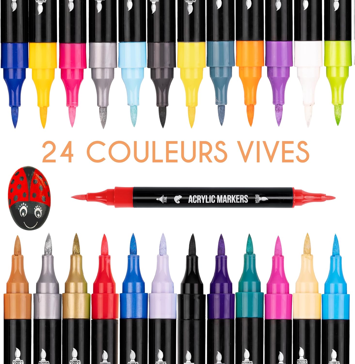 Zenacolor Feutre Acrylique à Double Pointe (Pointes Fines et Pinceau) - 24 Couleurs Uniques de Marqueur Acrylique pour Diverses Surfaces et Œuvres d'Art - Feutres Peinture Acrylique