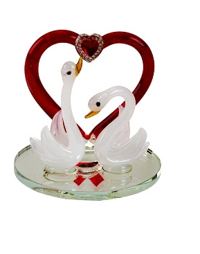 Paire de cygne avec coeur sur miroir h = 6cm